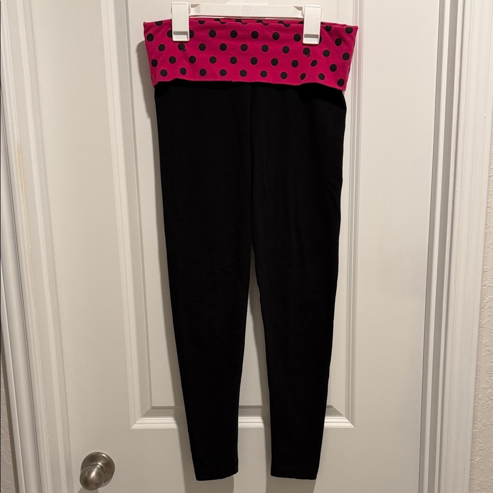 PINK Victoria's Secret Black Leggings with Pink Polka Dot Waistband